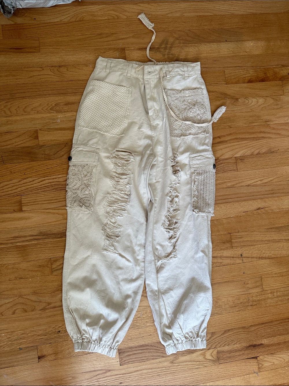 POL Cream Distressed Cargo Pants with Patch Details